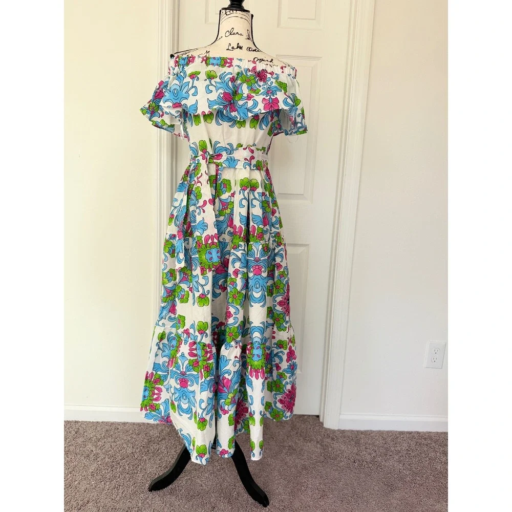 Fame Istanbul Floral Off Shoulder Maxi Dress White Blue Pink Green Tiered M - Picture 9 of 14